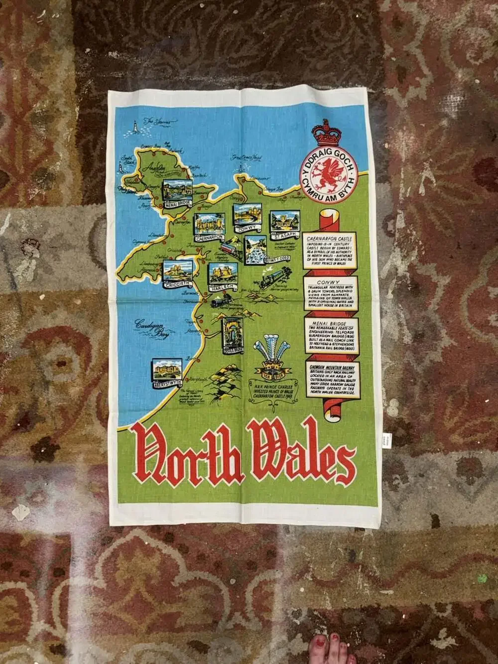 Vintage North Wales Souvenir Map 100% Cotton Tea Towel